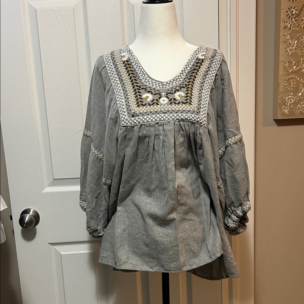 Max Studio Embroidered Gray Peasant Blouse - Women's Top